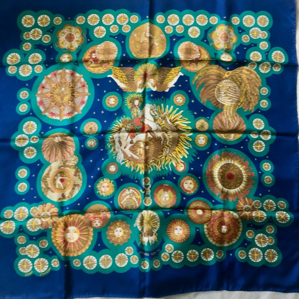 Hermes vintage silk scarf Carre 90 Le Roy Soleil Sun King Blue Gold